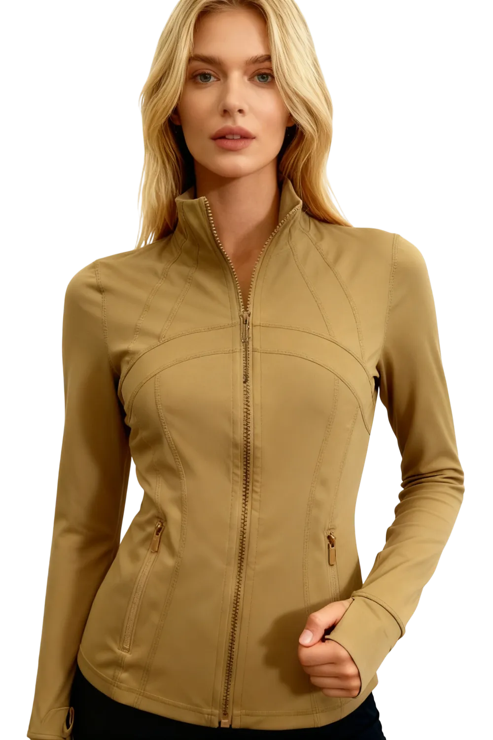 Women's long-sleeved, full-zip design, sun-protective sportswear.
