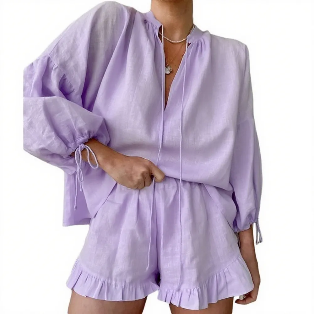 Women's Solid Color V-Neck Tie Top & Elastic Waist Shorts 2-Piece Summer Set