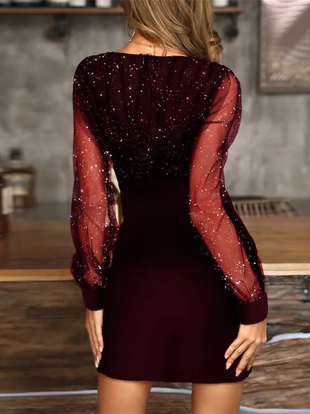 Women‘s Black Dress Wedding Guest Cocktail Dress Sexy V Neck Bodycon Patchwork Long Mesh Sleeve  Spring Summer