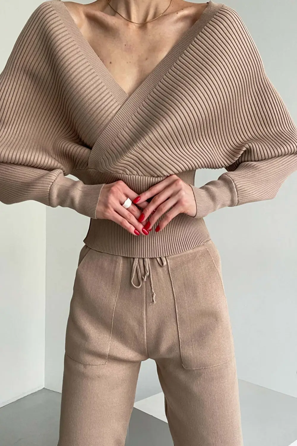 Dolman Sleeves Off Shoulder Ribbed Knit Sweater Pants Suits