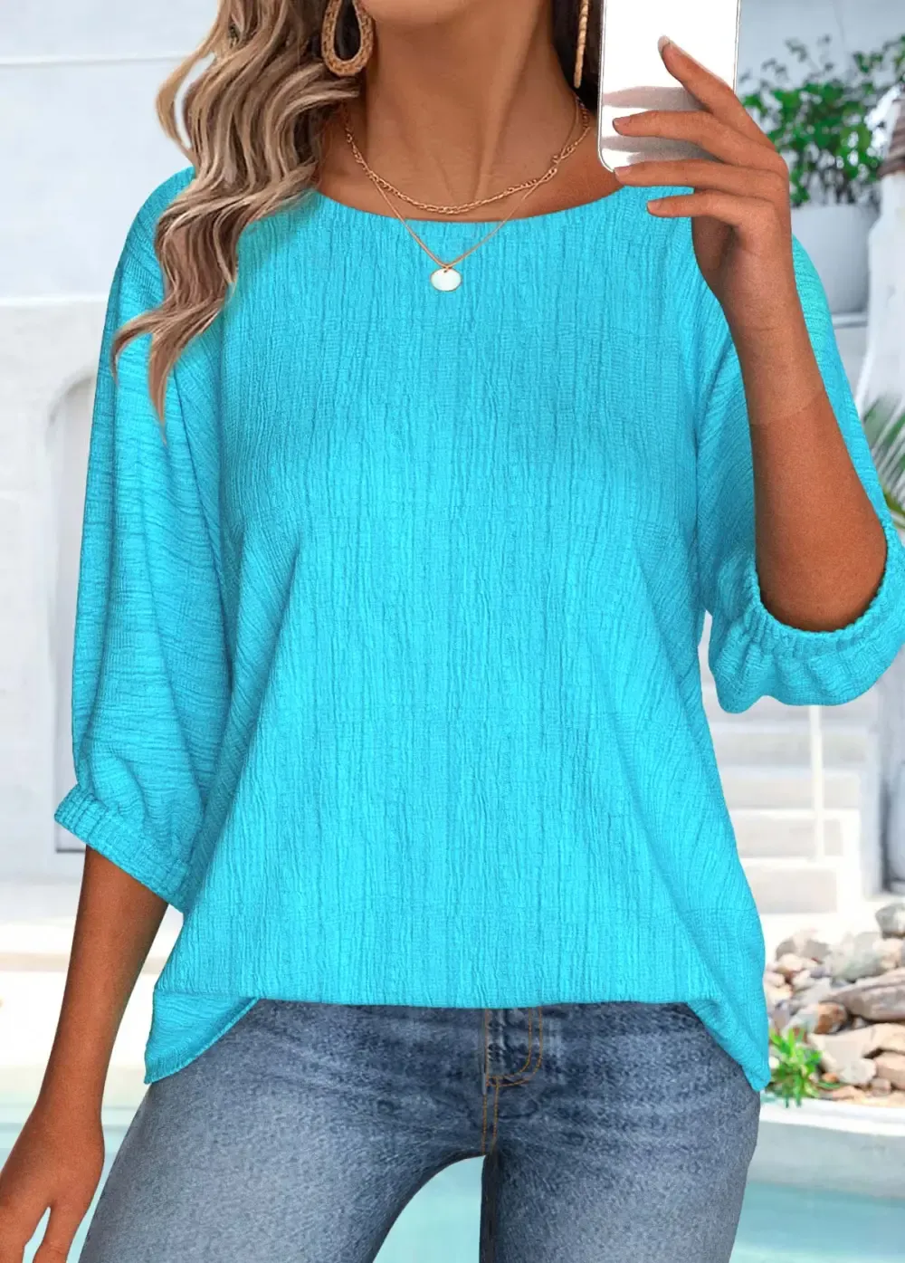 Cyan 3/4 Sleeve Round Neck Blouse