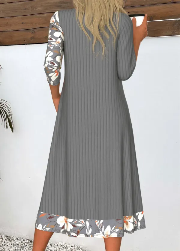 Dark Grey Patchwork Floral Print A Line Dress