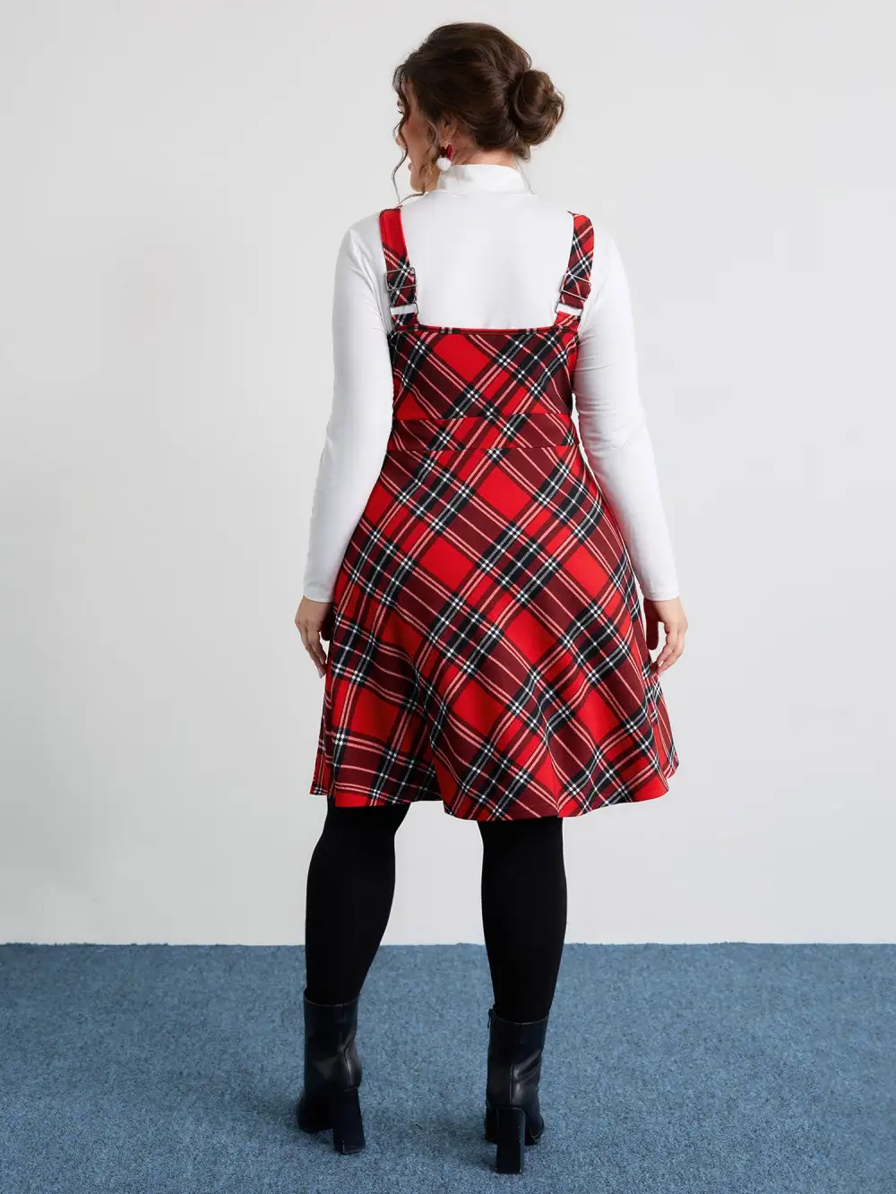 Plaid Print Zipper Overall Straps Mini Dress