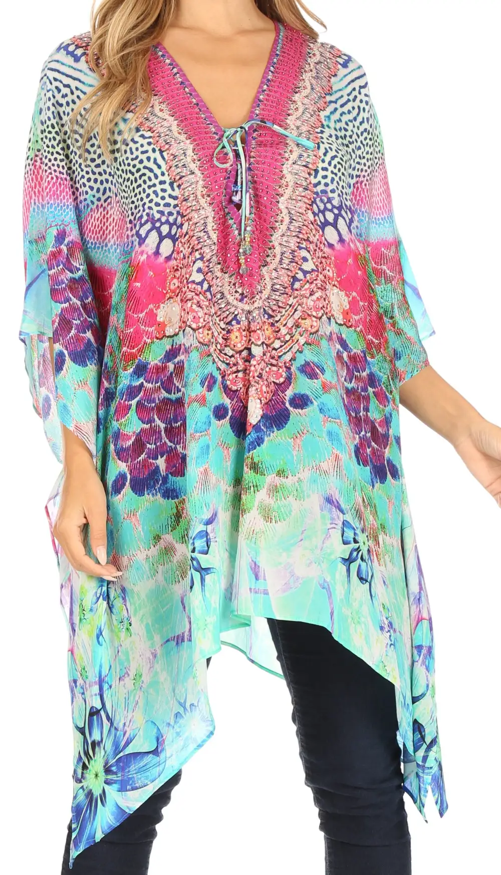 Women's Caftan Poncho Cover up V neck Top Lace up With Rhinestone