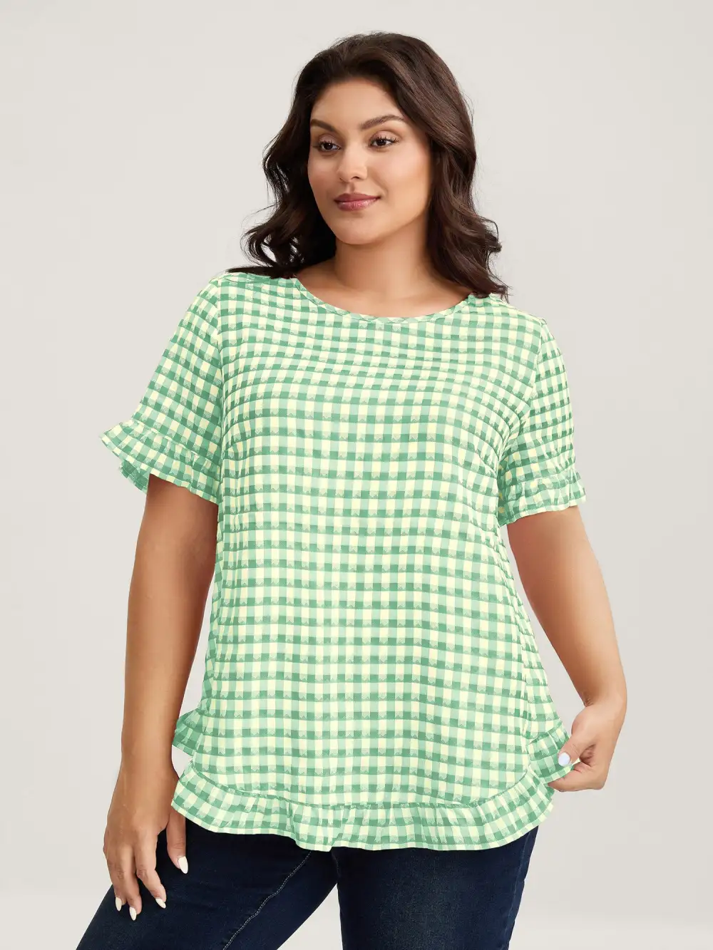 Gingham Print Button Back Blouse