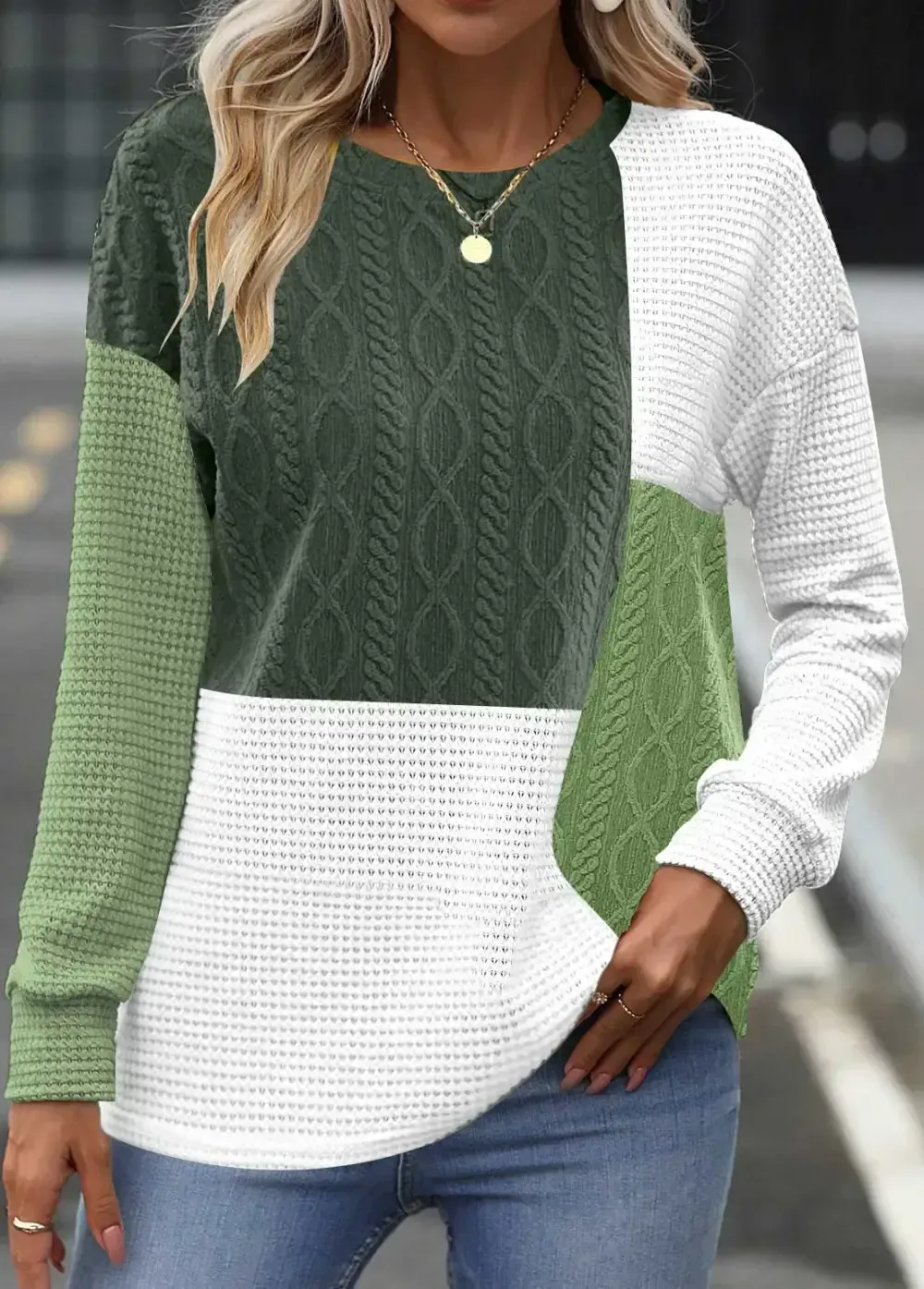 Blackish Green Patchwork Long Sleeve Round Neck Sweatshirt