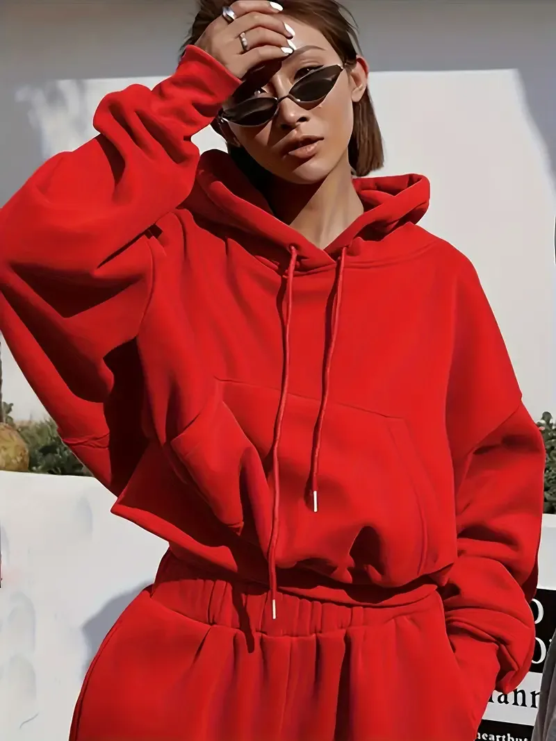 2PCS Oversized Athleisure Set: Solid Hooded Pocket Drawstring Sweatshirts & Sweatpants Sets for Women, Plus Size Comfortable Clothing
