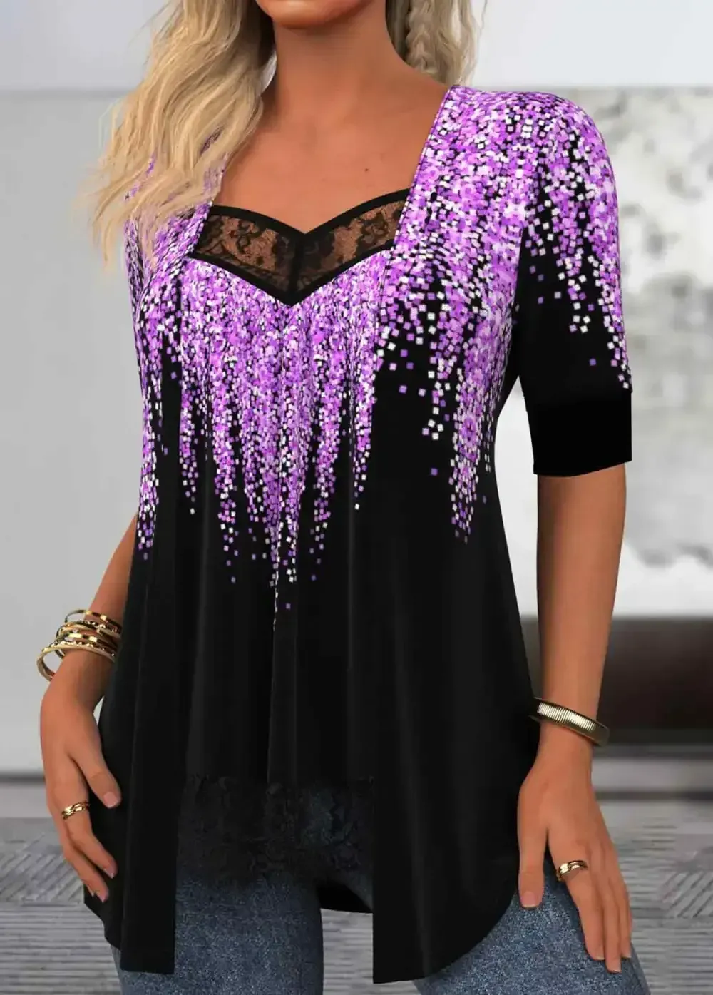 Purple Geometric Print Half Sleeve Fake Two Piece Twinset