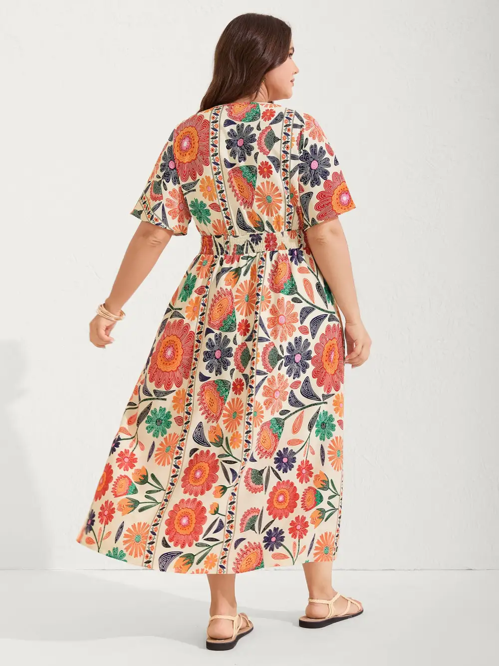 Floral Print Gathered Waist Pleated Midi Dress