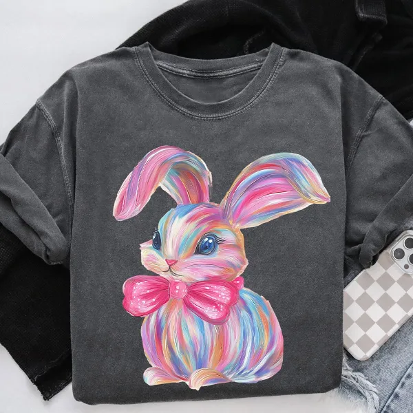 Easter Colorful Bunny Printed Round Neck Short Sleeve T-Shirt