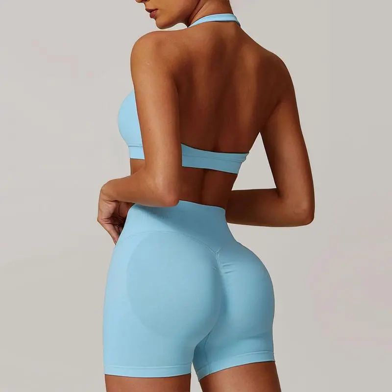 Women's Backless Halter Crop Top & High Waist Shorts Activewear Set