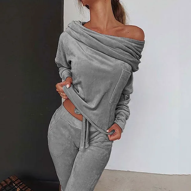 Women's Shirt Pants Sets Velvet Casual Daily Elegant Fashion Streetwear Long Sleeve Off Shoulder Black Fall & Winter