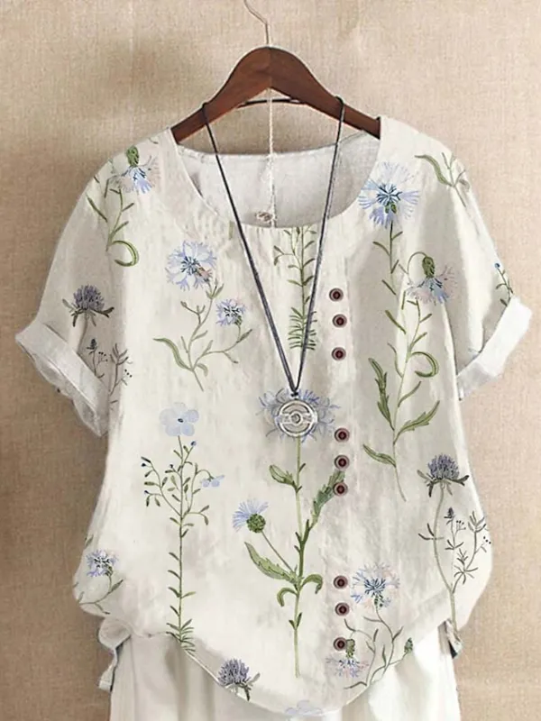 Women's Shirt Blouse Floral Button Print Casual Holiday Basic Short Sleeve Round Neck Yellow