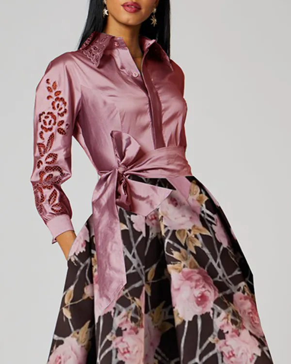 contrast print brocade maxi dress shirt collar