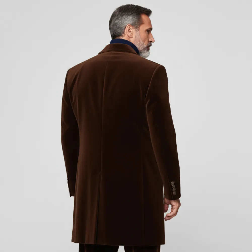 Men's Business Coffee Velvet Peaked Lapel Two Button Long Sleeve Overcoat