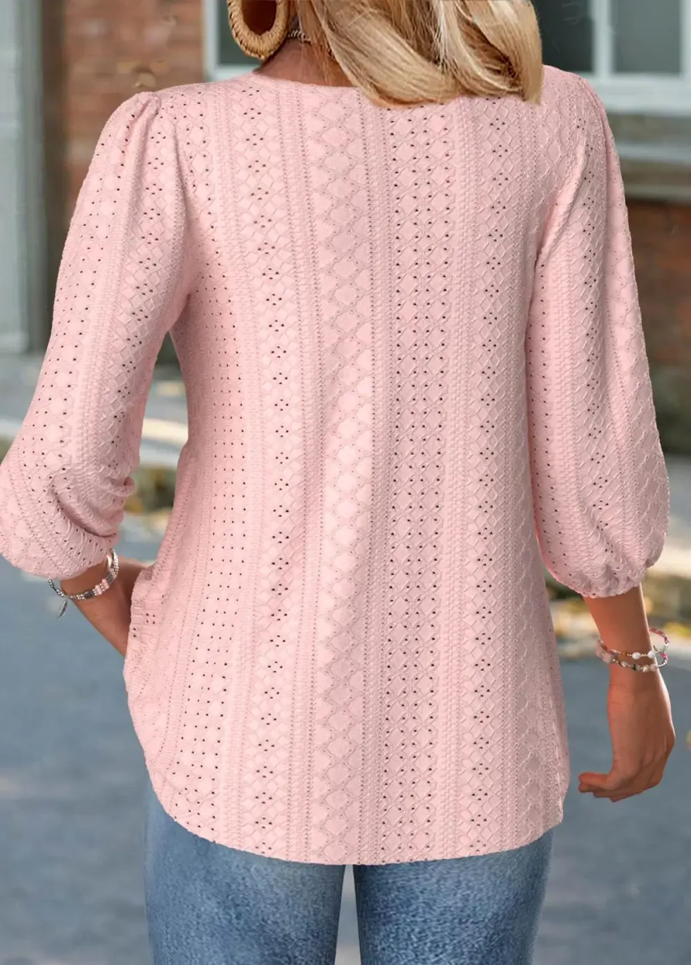 Light Pink 3/4 Sleeve Split Neck Blouse