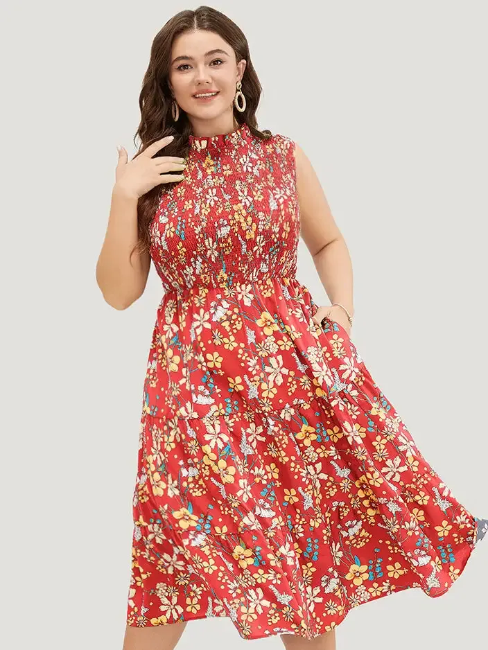 Floral Shirred Mock Neck Cut Out Pocket Ruffle Hem Dress