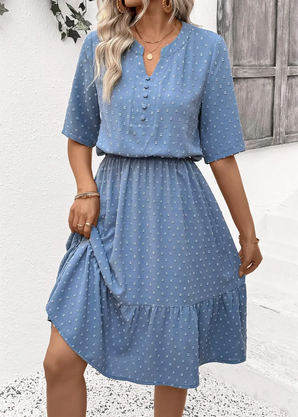 Dusty Blue Polka Dot Short Sleeve Split Neck Dress