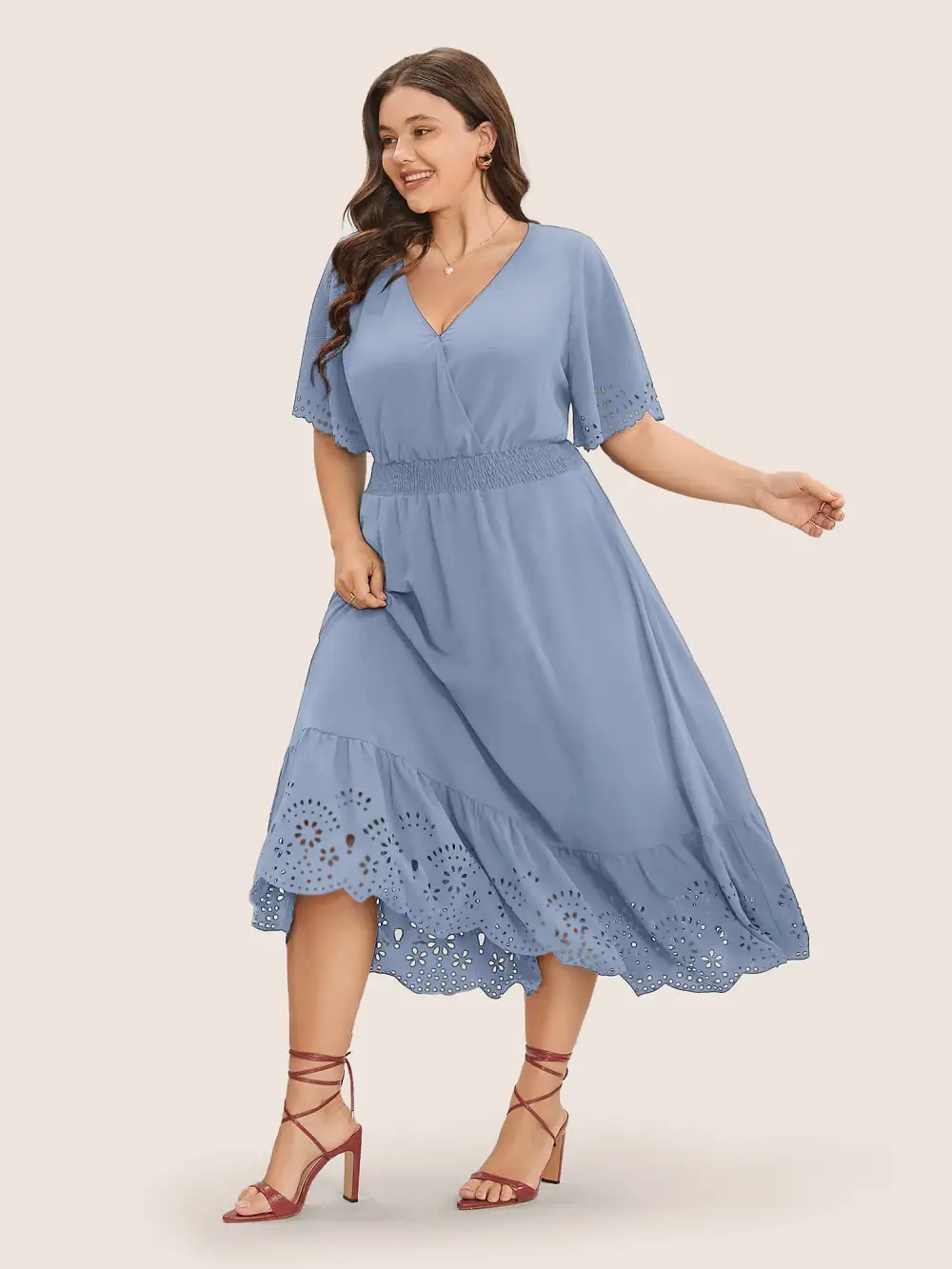 Solid Laser Cut Shirred Pocket Wrap Scalloped Trim Flutter Dress