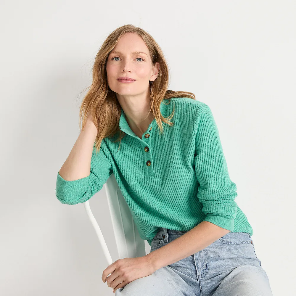 Women's Waffle Knit Button Placket Top