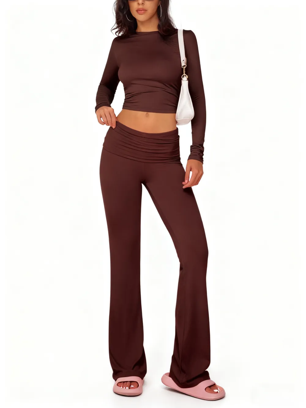 Women's Summer 2-Piece Set: Long-Sleeve Crop Tee + Fold-Over Waist Flare Leg Pants (Casual Elegant)