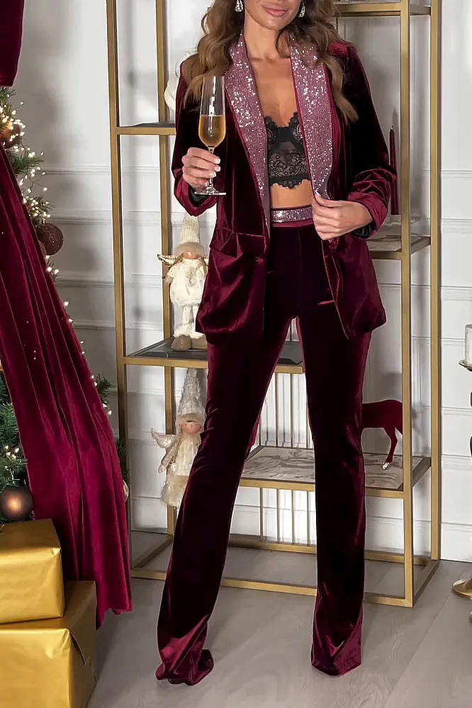 Women's Fashion sequin patchwork lapel, Jacket Pants Two Piece Set
