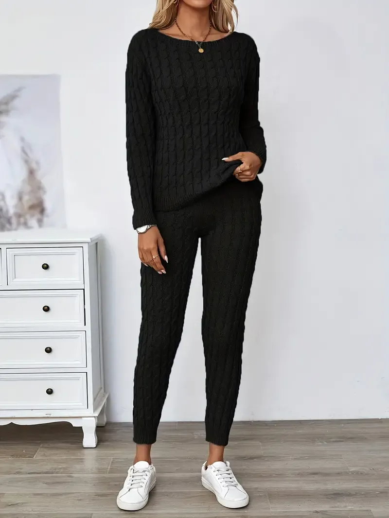 Solid Knitted Matching Two-piece Set, Casual Long Sleeve Sweater & Pants Outfits, Women's Clothing