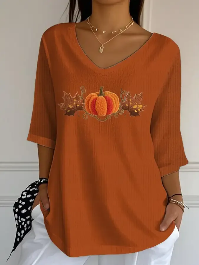 Women's Autumn Pumpkin Graphic Print V-Neck T-Shirt