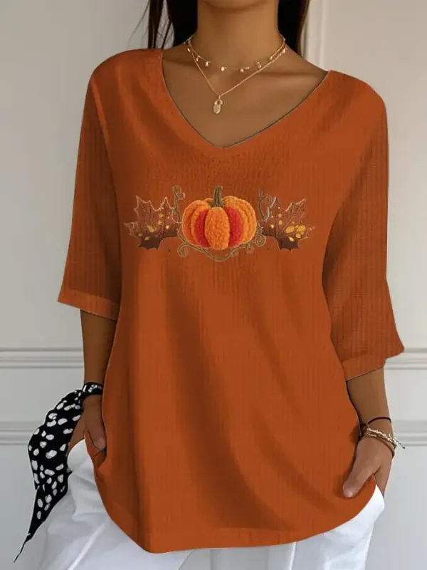 Women's Autumn Pumpkin Graphic Print V-Neck T-Shirt