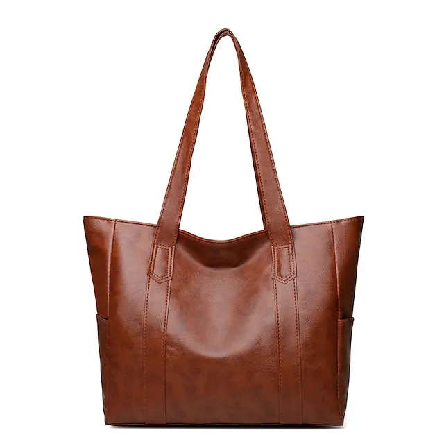 Women's Handbag Tote Shoulder Bag PU Leather Office Shopping Daily Zipper Solid Color Black Red Purple