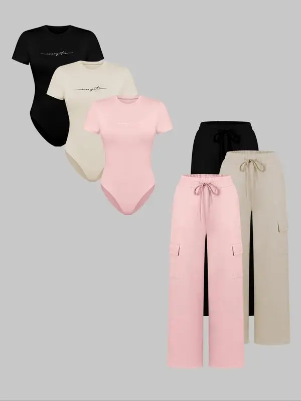 Women's Letter Print Bodysuit & Drawstring Pants Set – Casual Y2K Matching Outfit