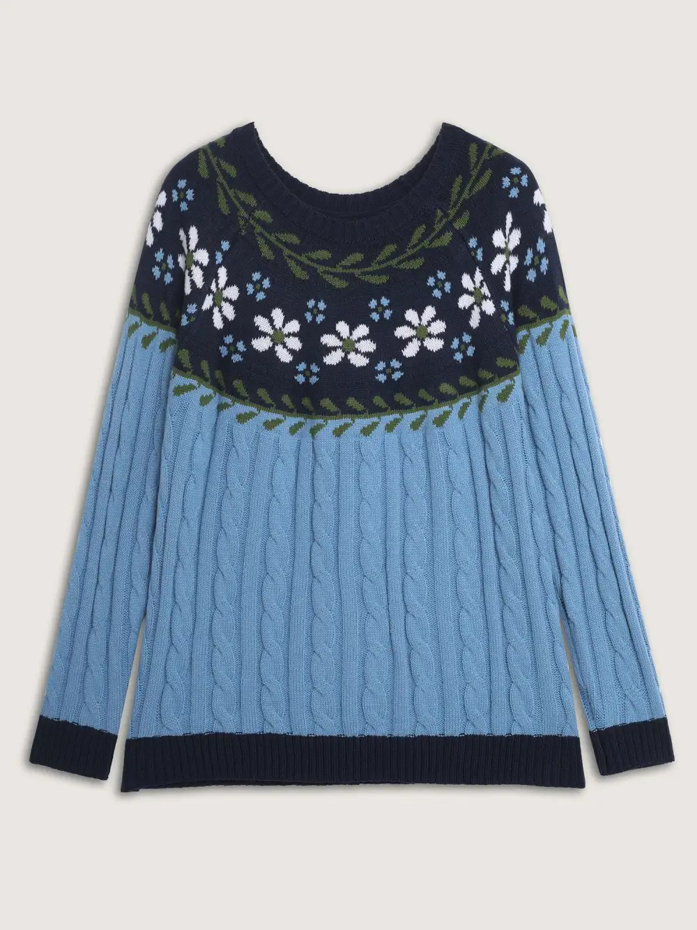 Cable Knit Jacquard Floral Contrast Pullover