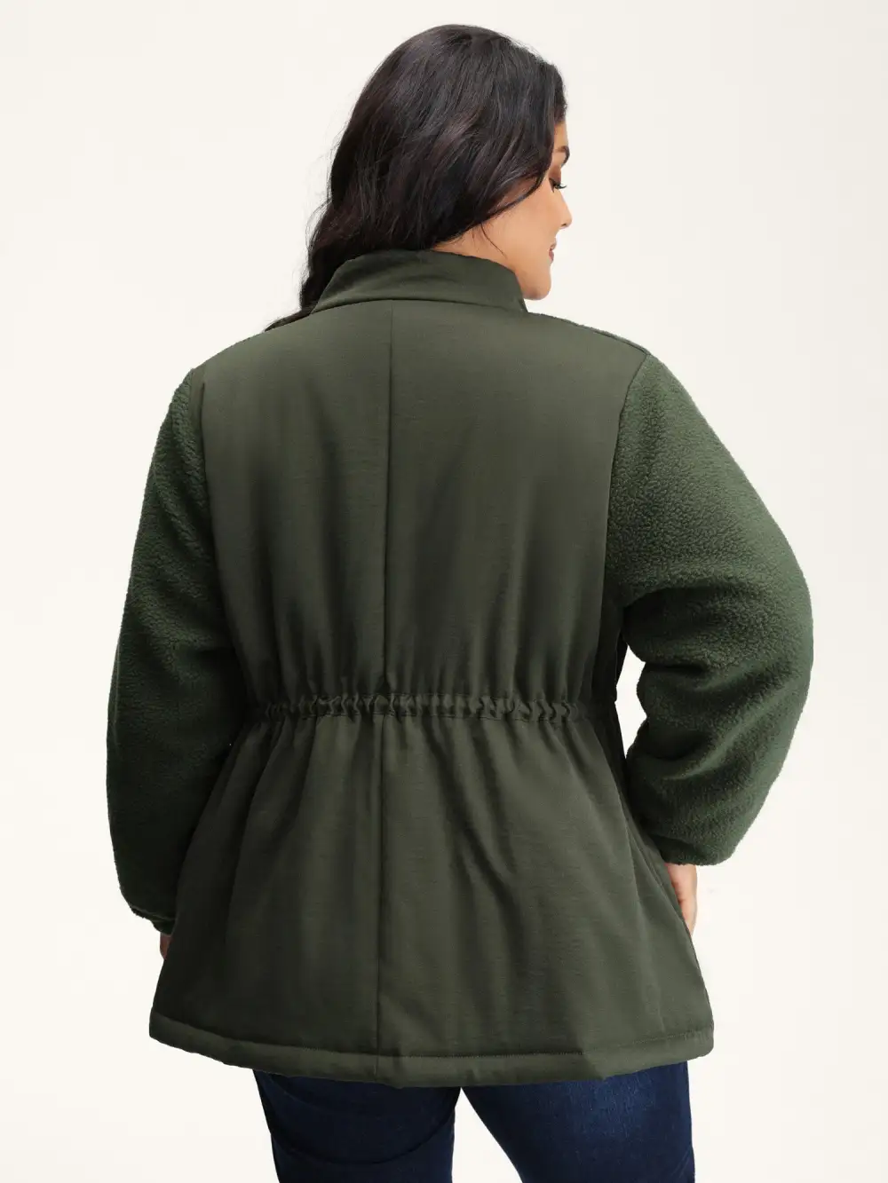 Mixed Fabric Waist Drawstring Quilted Jacket