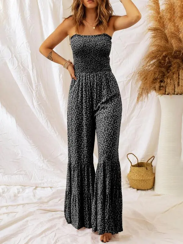 Women's Boho Floral Tie-Shoulder Wide-Leg Jumpsuit
