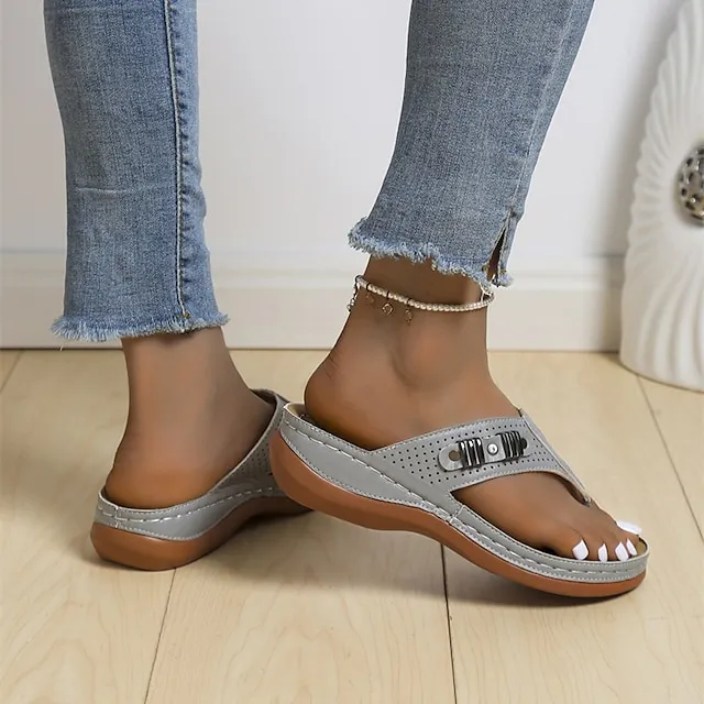 Women's Flip-Flops Flip-Flops Wedge Heel Open Toe Casual PU Leather Loafer Black Blue Brown