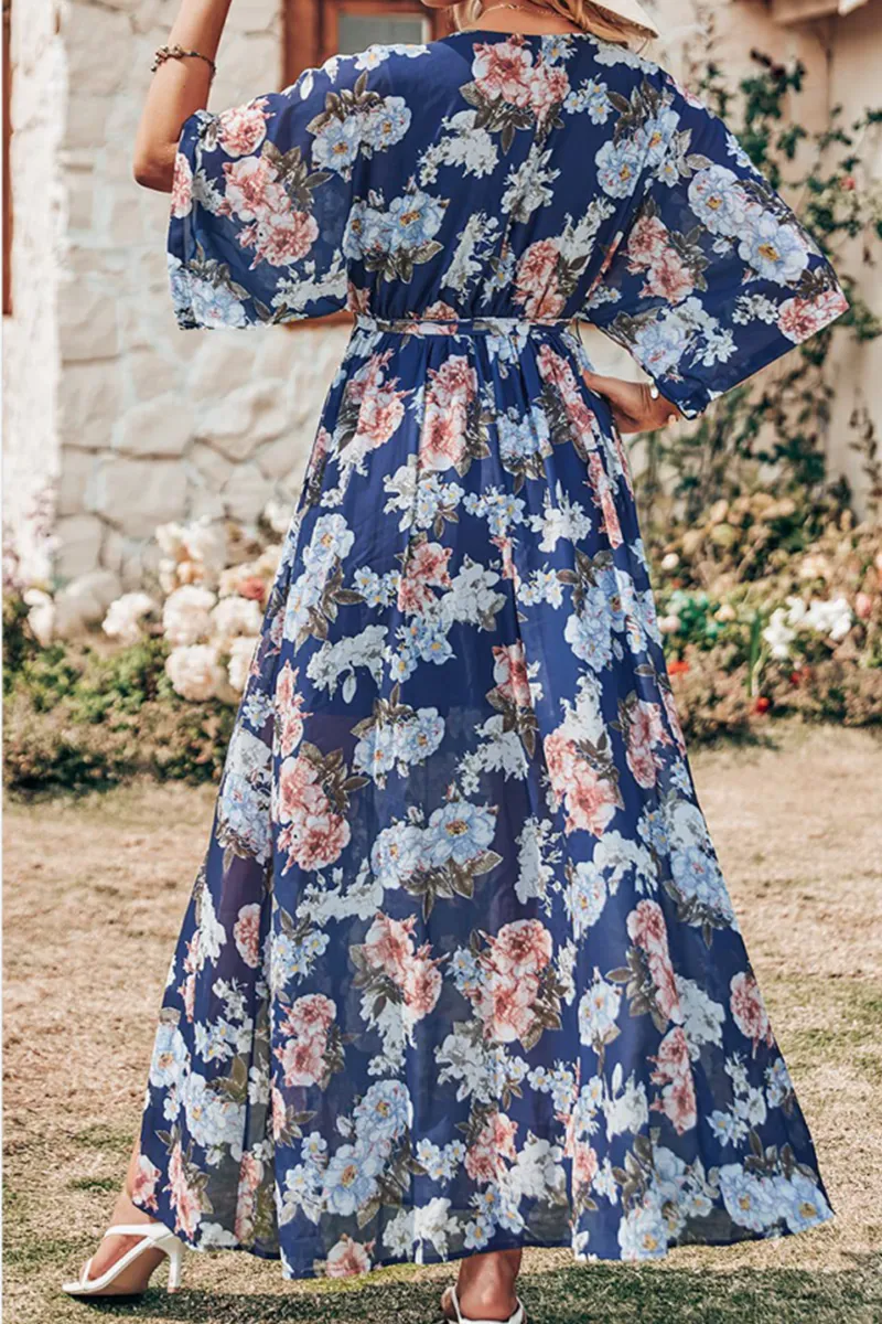 Casual Print Patchwork V Neck Waist Skirt Dresses(7 Colors)