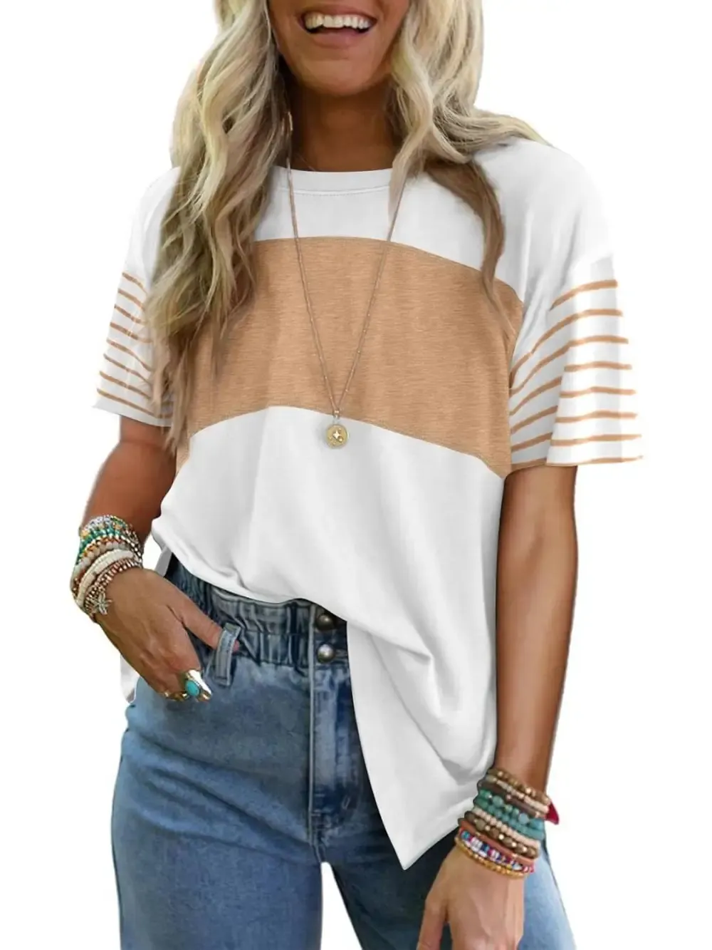 ✨Womens Oversized Crewneck Casual Color Block Striped Shirts Blouses