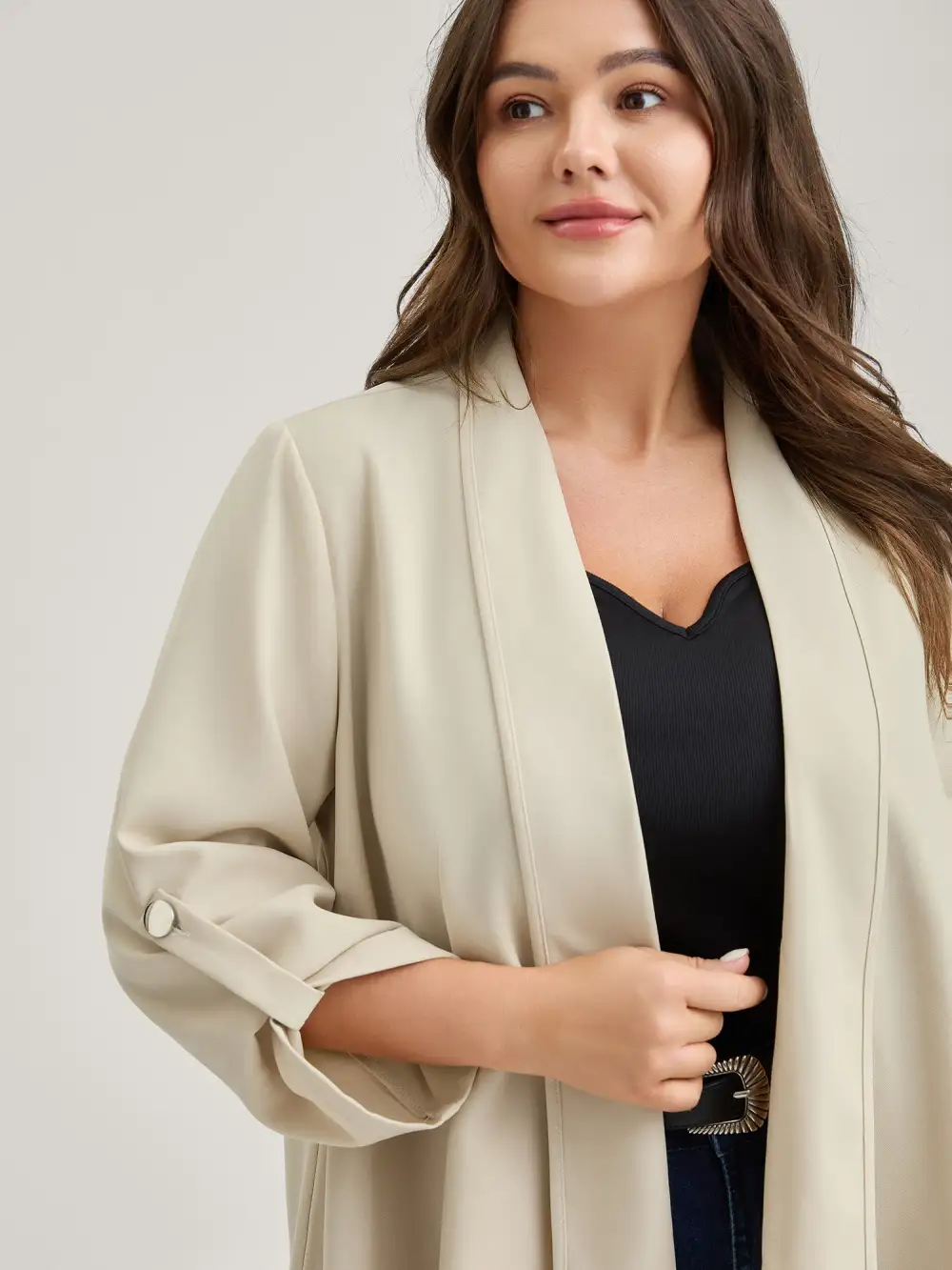 Tab Sleeve Open-Front Folded Hem Jacket