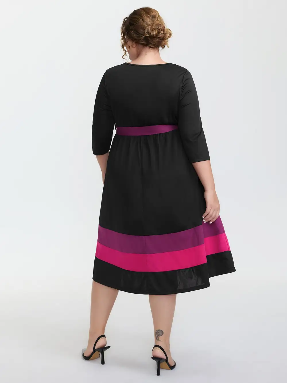 Color Contrast Stretchy Waist-Tie Midi Dress