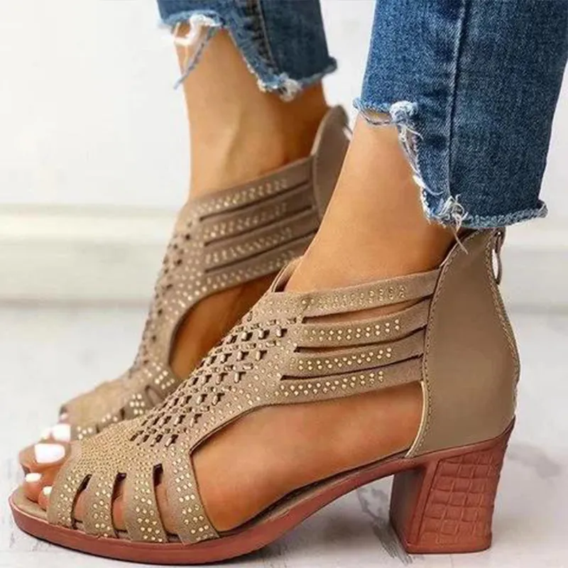 Women's fashion rhinestone cutout block heel sandals