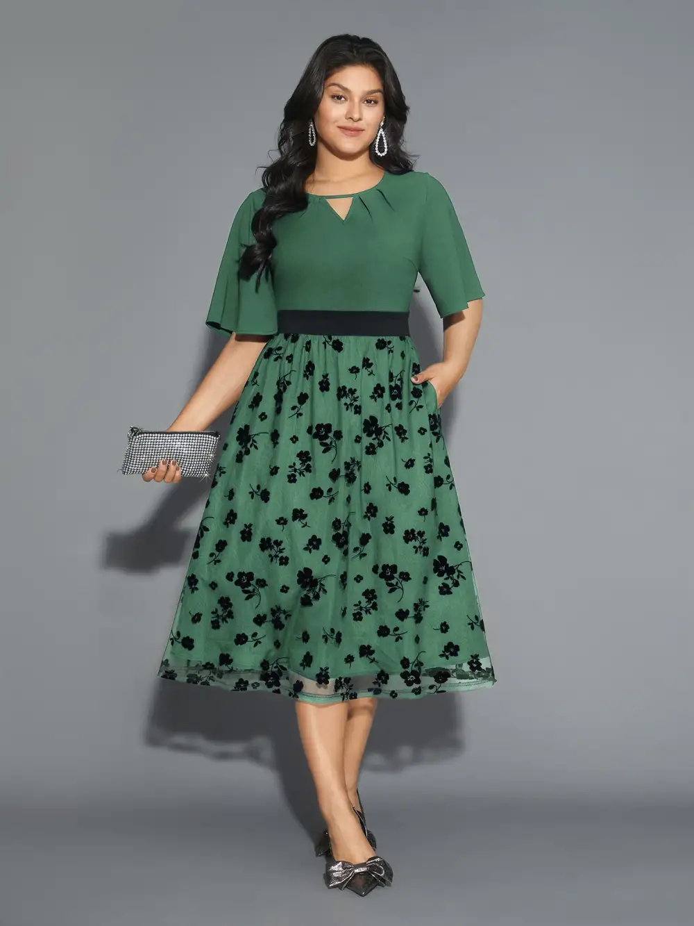 Floral Embroidered Mesh keyhole Dress