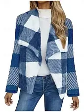 Women's Fleece Jacket Casual Jacket Comfortable Breathable Print Casual Plaid Vacation Street Casual Daily Wear Open Front Long Turndown Regular Fit Long Sleeve Outerwear Black And White Black Pink