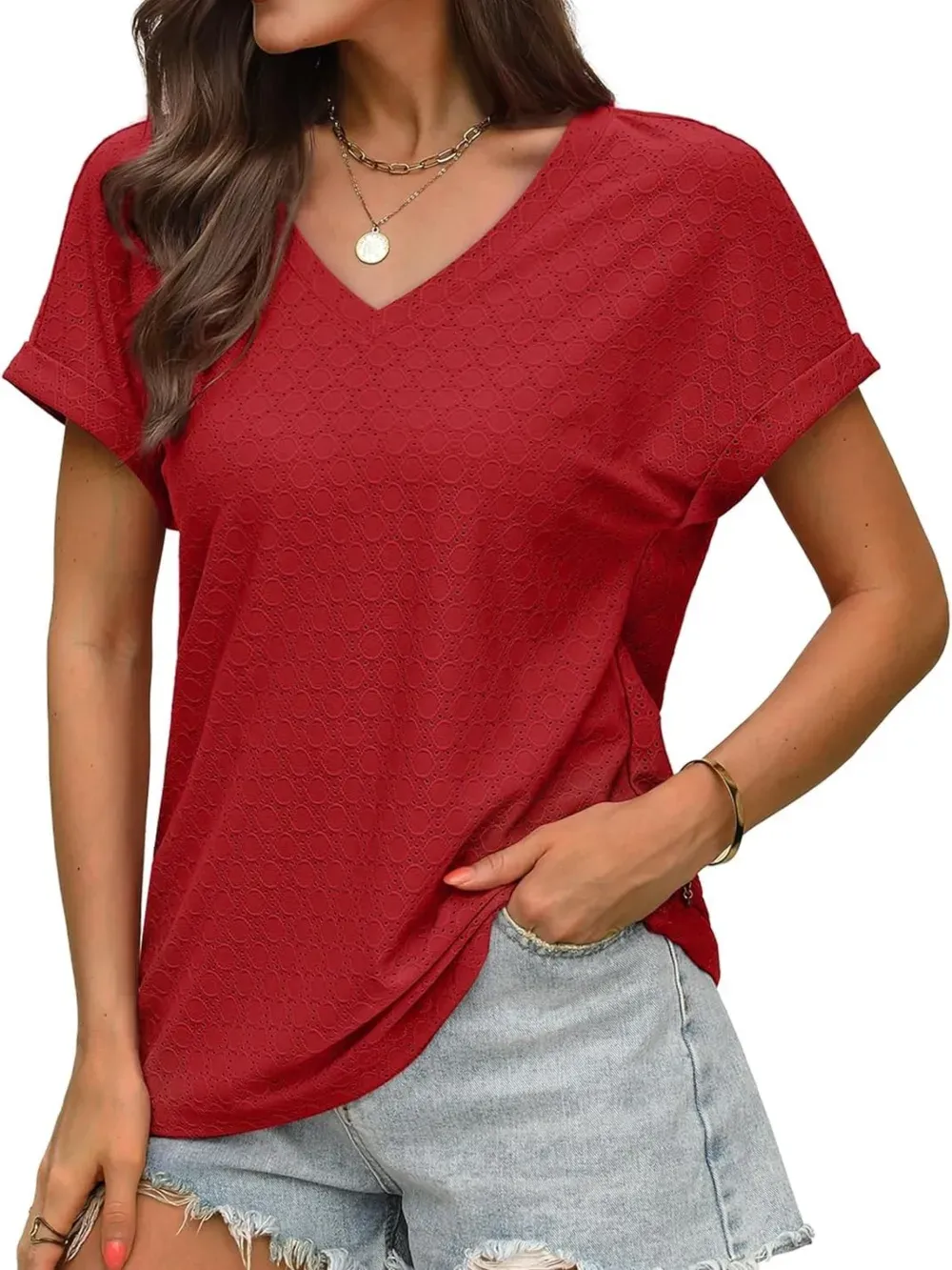 ✨Women's V Neck Eyelet Dressy Casual Basic Short Sleeve Tees