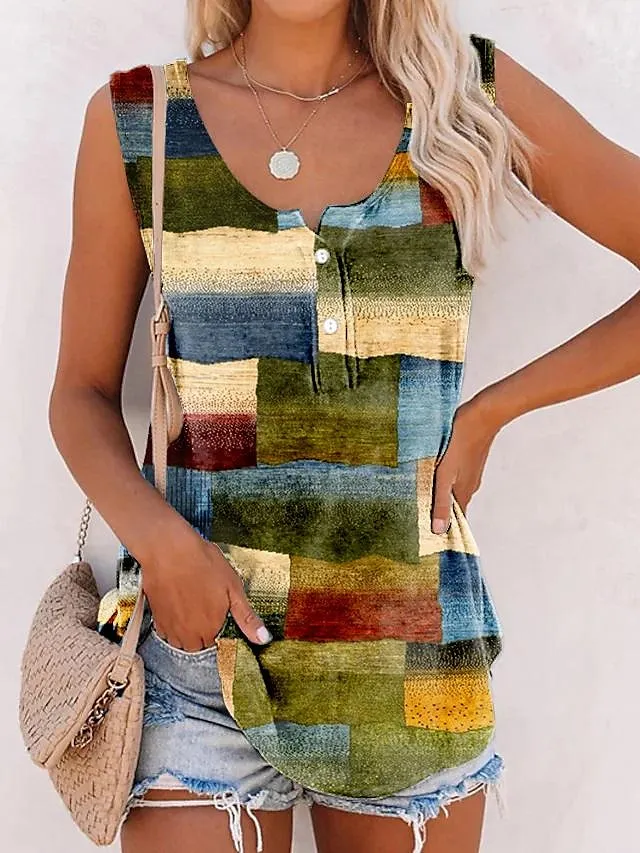 Women's Tank Top Geometric Button Print Casual Basic Sleeveless U Neck Red
