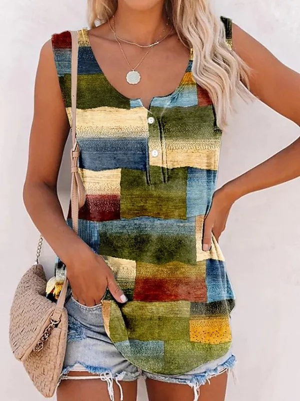 Women's Tank Top Geometric Button Print Casual Basic Sleeveless U Neck Red