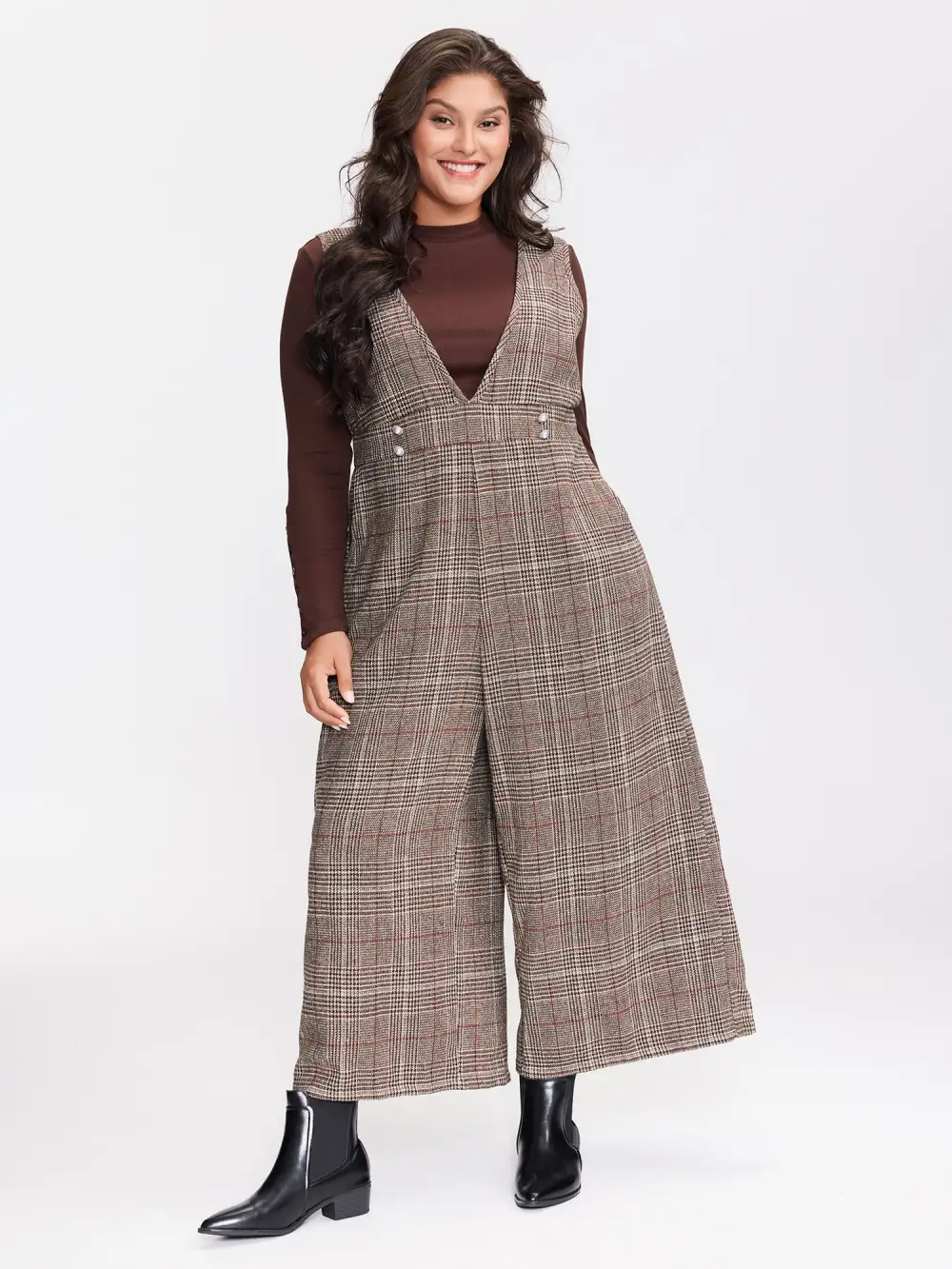 Plaid Button Detail V-Neck Jumpsuit