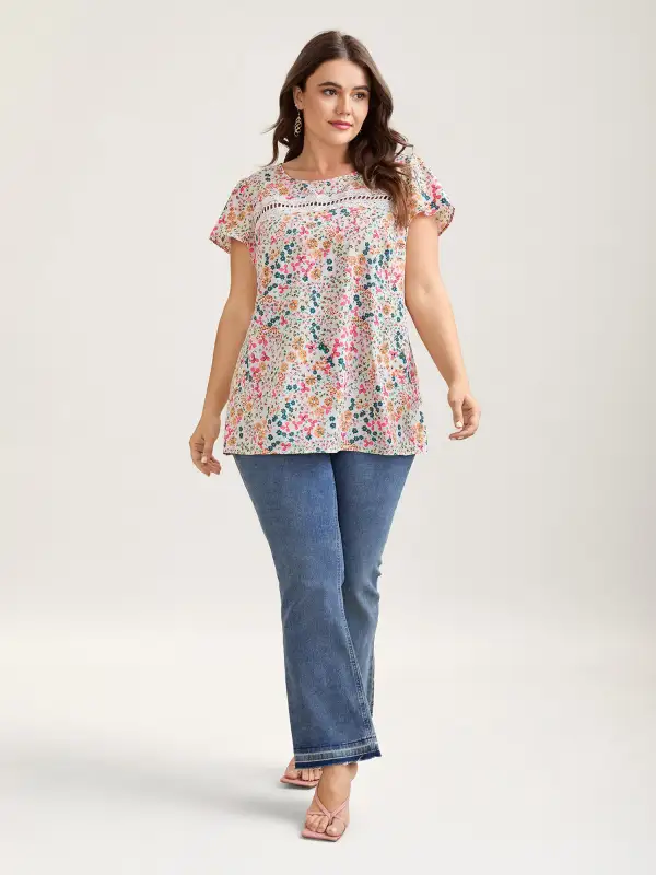 Multi-Color Floral Print Lace Spliced Blouse