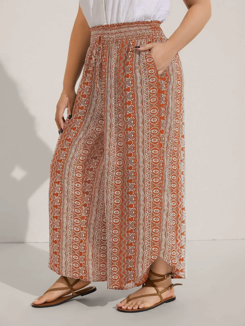 Boho Print Shirred Waist Wide-Leg Pants