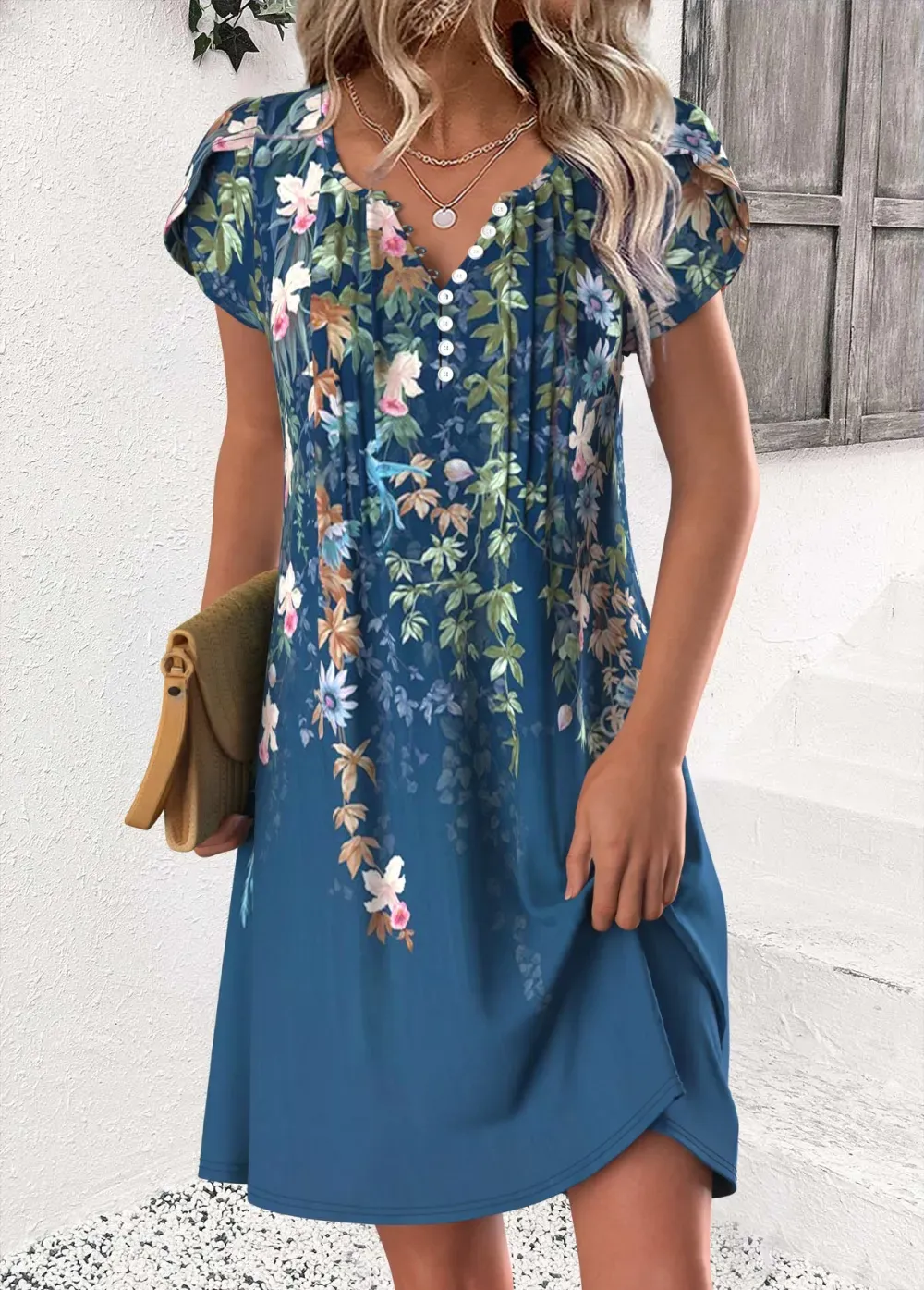 Peacock Blue Floral Print Short Split Neck Dress
