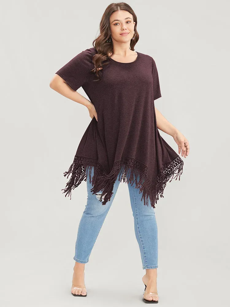 Solid Round Neck Lace Fringe Hem T-shirt